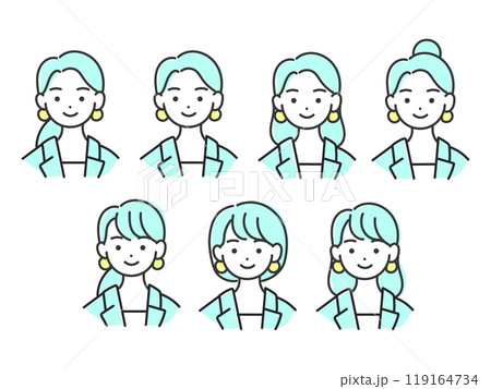 オフィルカジュアルの女性の正面顔 髪型違い7点セット 119164734