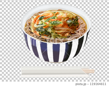 Kakiage soba (vegetables) in a blue and white bowl with disposable chopsticks 119164811