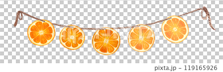 Orange slices on a jute rope watercolor banner isolated on white background. High quality hand drawn art perfect for food design, packages, cards, menus, organic food logo, Christmas decor and design 119165926