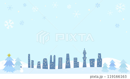 雪が降る冬の都会の背景、ビルとモミの木と雪だるま、かわいい手描きのイラスト 119166163