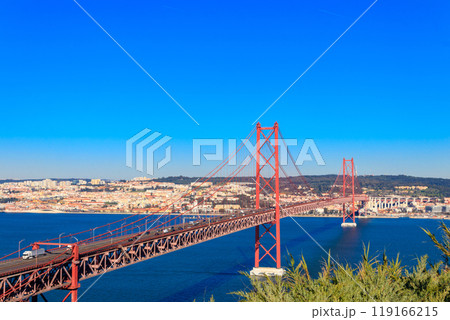 The 25th April Bridge (Ponte 25 de Abril) is a suspension bridge road-rail over the Tagus river that connects the city of Lisbon to the city of Almada. View from Almada 119166215