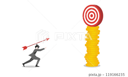 A businessman aiming and throwing an arrow to a business target on the stack of coins. Focus, determination in achieving success and corporate goals. Business ambition and strategic planning concept 119166235