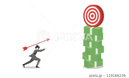 A businessman aiming and throwing an arrow to a business target on banknotes stack. Focus, determination in achieving success and corporate goals. Business ambition and strategic planning concept A businessman aiming and throwing an arrow to a business target on banknotes stack. Focus, determination in achieving success and corporate goals. Business ambition and strategic planning concept 119166236
