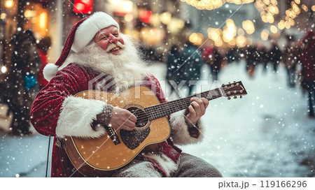A Santa Claus plays an acoustic guitar on a cold winter day. The concept of Merry Christmas, festive music, and holiday spirit. Generative AI. 119166296