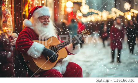 A Santa Claus plays an acoustic guitar on a cold winter day. The concept of Merry Christmas, festive music, and holiday spirit. Generative AI. A Santa Claus plays an acoustic guitar on a cold winter day. The concept of Merry Christmas, festive music, and holiday spirit. Generative AI. 119166316