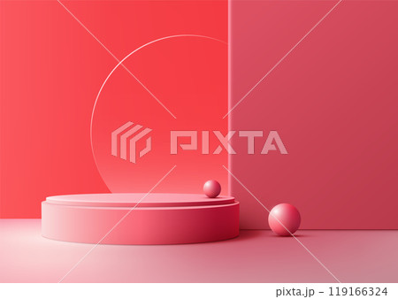 Minimalist Pink Podium with Two Spheres on a Red Background, Modern Product Display with Soft Diffused Lighting, Ideal for Showroom Mockup or Graphic Design Projects Minimalist Pink Podium with Two Spheres on a Red Background, Modern Product Display with Soft Diffused Lighting, Ideal for Showroom Mockup or Graphic Design Projects 119166324