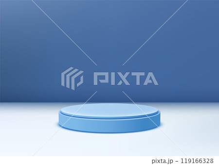Minimalistic Blue Podium on a White Floor with a Blue Background for Product Display, Modern Showcase, or Branding Mockups 119166328