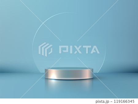 Mockup of a 3D Metallic Podium with Circular Glass Dome on Blue Background, Luxury Product Display in Minimalist and Modern Design for Elegant Showcase 119166345