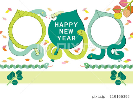 巳年イラスト年賀状デザイン「葉っぱと蛇と芋虫フレーム枠」HAPPY NEW YEAR 巳年イラスト年賀状デザイン「葉っぱと蛇と芋虫フレーム枠」HAPPY NEW YEAR 119166393