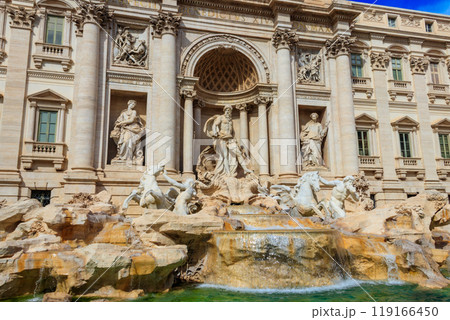 Trevi fountain in the center in Rome, Italy. Trevi is most famous fountain of Rome Trevi fountain in the center in Rome, Italy. Trevi is most famous fountain of Rome 119166450