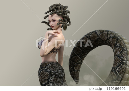 肩に手を置きこちらを見つめるギリシア神話のメデューサ 119166491