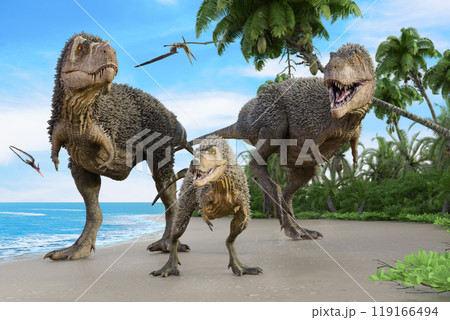 親子のティラノサウルスが海辺で獲物を探す 119166494