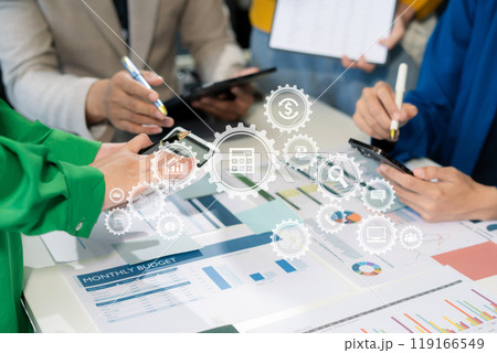 Marketing staff are analyzing the data to business planning at office. 119166549