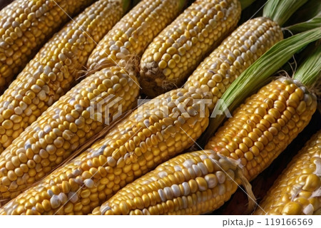 収穫したばかりの沢山のとうもろこし 119166569