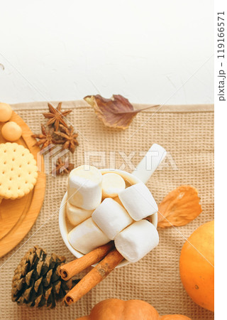 To create a warm and cozy autumn ambiance, decorate with fallthemed items and enjoy marshmallows for a festive touch 119166571