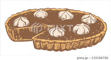 Autumn pumpkin pie with whipped cream. Traditional baking for Thanksgiving and Halloween. Vector illustration in hand-drawn sketch style. Line art in ink. Autumn pumpkin pie with whipped cream. Traditional baking for Thanksgiving and Halloween. Vector illustration in hand-drawn sketch style. Line art in ink. 119166780