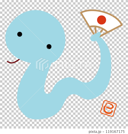 Illustration of a zodiac character holding a folding fan for the year of the snake, 2025 / Blue 119167175