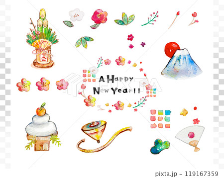 水彩で描いたお正月の年賀状素材 水彩で描いたお正月の年賀状素材 119167359
