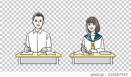 Illustration of male and female high school students studying at their desks 119167543