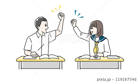 机に向かって勉強をする高校生の男女のイラスト 机に向かって勉強をする高校生の男女のイラスト 119167548