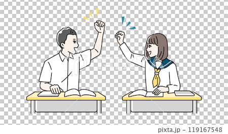 机に向かって勉強をする高校生の男女のイラスト 机に向かって勉強をする高校生の男女のイラスト 119167548