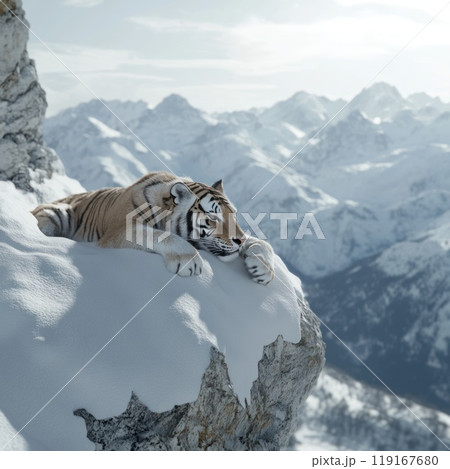 Ancient feline: The saber-toothed tiger, an iconic and extinct predator with distinctive saber-like teeth, representing the mysterious and fearsome creatures that once roamed prehistoric landscapes. 119167680