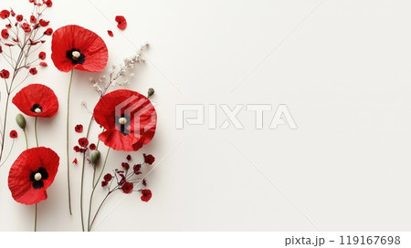 Remembrance banner: design showcasing the poppy symbol for Poppy Day, complete with copy space for heartfelt messages, dedications, importance of the card in remembering and honoring veterans. Remembrance banner: design showcasing the poppy symbol for Poppy Day, complete with copy space for heartfelt messages, dedications, importance of the card in remembering and honoring veterans. 119167698