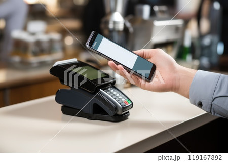 Contactless method: cashless payment using credit card, nfc phone, facilitating quick, secure transactions, eliminating need for physical cash, promoting efficient digital financial operations. 119167892