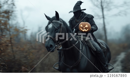 Dark horseman: an ominous rider on a black steed, gripping a fiery pumpkin as he charges through a Halloween landscape, embodying the chilling atmosphere of the holiday with dark, supernatural flair. 119167893