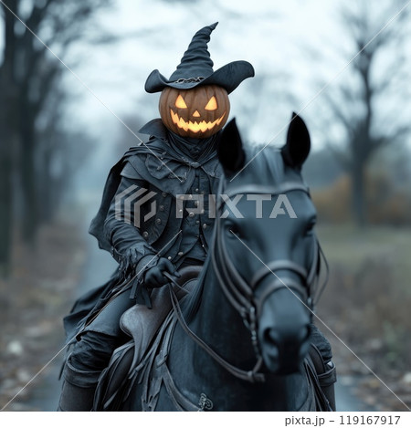 Dark horseman: an ominous rider on a black steed, gripping a fiery pumpkin as he charges through a Halloween landscape, embodying the chilling atmosphere of the holiday with dark, supernatural flair. 119167917