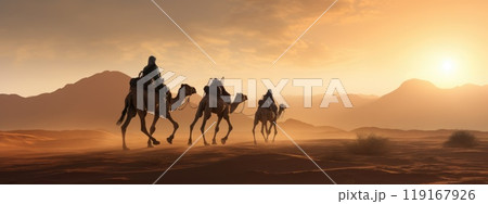 Journey through the desert: caravan of camels advancing steadily across barren landscape, evoking spirit of ancient trade, cultural exchange amidst unforgiving beauty of sand and sky. Journey through the desert: caravan of camels advancing steadily across barren landscape, evoking spirit of ancient trade, cultural exchange amidst unforgiving beauty of sand and sky. 119167926