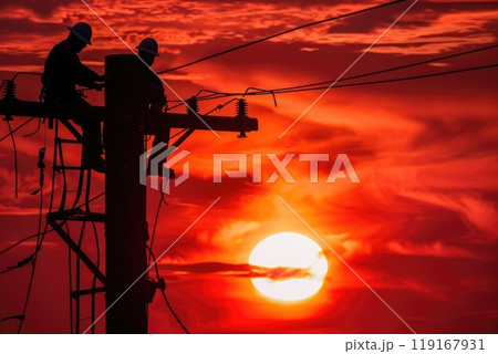 Tireless service: men working on electricity pole, experienced workers addressing breakdown in the electricity supply, ensuring restoration of power, labour day with dedication and expertise. Tireless service: men working on electricity pole, experienced workers addressing breakdown in the electricity supply, ensuring restoration of power, labour day with dedication and expertise. 119167931