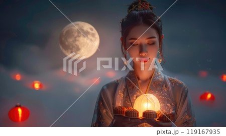 Enchanting celebration: mid-autumn festival, moon goddess Chang'e holding mooncakes against a moonlit sky, chinese lanterns, unity and abundance traditional festival honoring harvest, lunar deities. Enchanting celebration: mid-autumn festival, moon goddess Chang'e holding mooncakes against a moonlit sky, chinese lanterns, unity and abundance traditional festival honoring harvest, lunar deities. 119167935