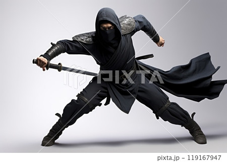 Mysterious figure - portrait ninja depicting shadowy and elusive warrior, capturing essence of stealth and agility, highlighting enigmatic presence and silent strength of master of covert operations. 119167947