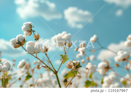 Bountiful harvest: cotton field plantation, portraying rows of cotton plants under clear sky, emphasizing importance of agriculture in textile production, serene beauty of rural life. Bountiful harvest: cotton field plantation, portraying rows of cotton plants under clear sky, emphasizing importance of agriculture in textile production, serene beauty of rural life. 119167967