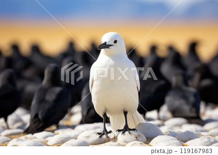Uncommon sight - a white crow in a flock of black crows, illustrating the concept of uniqueness and originality, celebrating individuality and the power of being different in a uniform society. Uncommon sight - a white crow in a flock of black crows, illustrating the concept of uniqueness and originality, celebrating individuality and the power of being different in a uniform society. 119167983