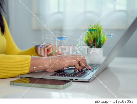 Businesswoman is showing a growing virtual hologram of analytics dashboard with charts, Stock market, Business growth, Progress or success concept, Invest in trading, Finance, Sales, Marketing. 119168053
