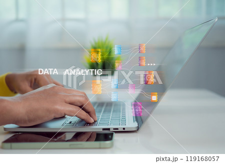 Business woman using computer for development and Analytics Data technology management System for report marketing strategy planning. graph analysis and information on a futuristic virtual screen. 119168057