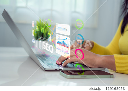 SEO, Marketing planning, Woman use search engine to Searching for information, Businesswoman Search On Virtual Screen Data Search Technology Search Engine Optimization, Using web Console for data. 119168058