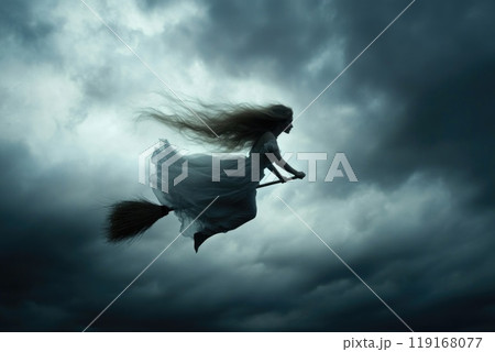 Mystical figure: the presence of a witch, embodying ancient lore and magic, evoking the mystery and power of sorcery, set against dark enchantment and supernatural elements. 119168077