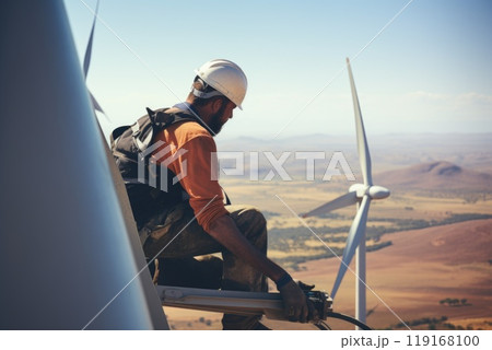 Wind power upkeep: skilled workers performing maintenance on wind turbine, stunning landscape in background, role of technicians in ensuring efficiency, reliability of renewable energy sources. 119168100