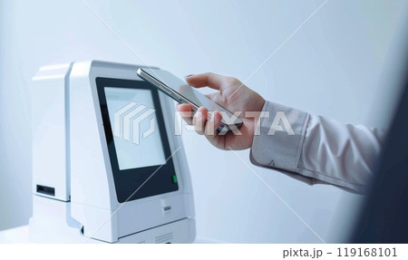 Digital transaction: cashless payment with credit card, phone, nfc, streamlining process for seamless purchases, secure financial interactions, enhancing convenience in everyday transactions. 119168101