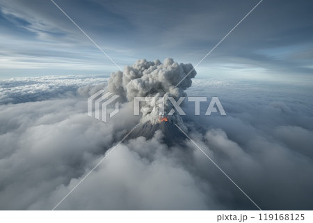 Volcanic Eruption: Dramatic display of lava flowing from active volcano, intense natural forces, fiery landscape of volcanic activity, illustrating the raw power of Earth's geology. 119168125