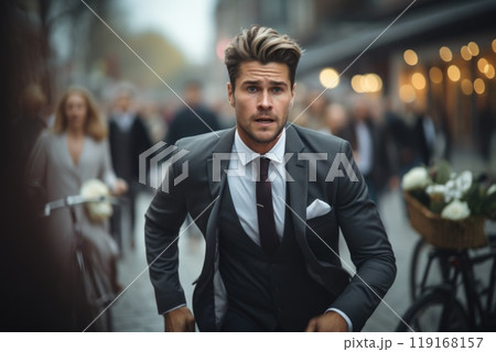 Corporate race - a businessman running, embodying concept of fast work and corporate lifestyle, illustrating demands of modern life and pursuit of business success in a dynamic world. Corporate race - a businessman running, embodying concept of fast work and corporate lifestyle, illustrating demands of modern life and pursuit of business success in a dynamic world. 119168157