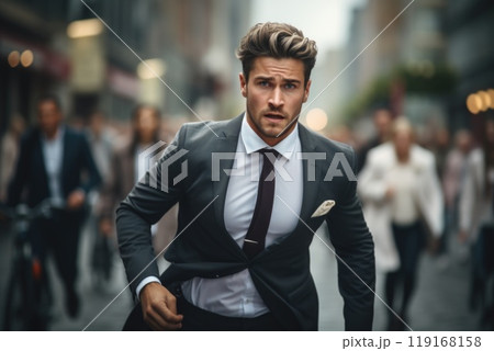 Corporate race - a businessman running, embodying concept of fast work and corporate lifestyle, illustrating demands of modern life and pursuit of business success in a dynamic world. 119168158