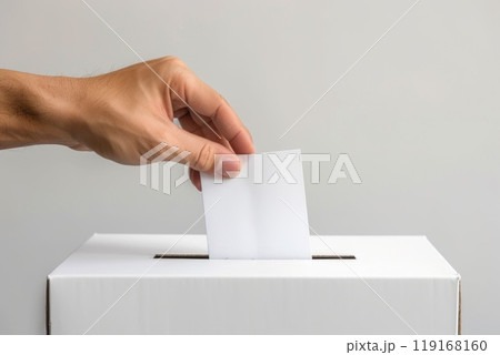 Democratic act - hand placing ballot paper in ballot box for voting, capturing essence of election concept, highlighting significance of secret ballot, and illustrating the intense preelection race 119168160