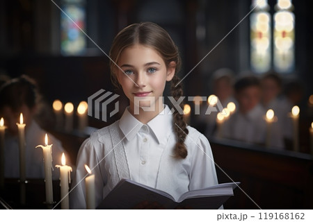 First communion joy - heartwarming moments of young believers in white dresses, celebrating this sacred Christian sacrament with faith, purity, spirit of spiritual growth in memorable church ceremony. 119168162