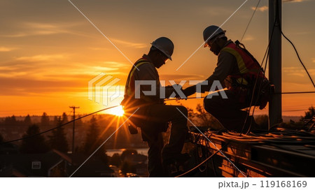 Tireless service: men working on electricity pole, experienced workers addressing breakdown in the electricity supply, ensuring restoration of power, labour day with dedication and expertise. 119168169