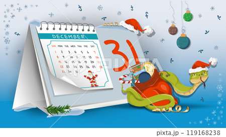 Illustration of the New Year and Christmas A snake wraps around a bag of gifts on a calendar background Illustration of the New Year and Christmas A snake wraps around a bag of gifts on a calendar background 119168238