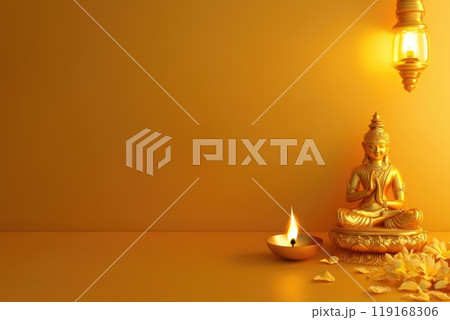 Auspicious beginnings: happy Dhanteras, featuring a gleaming pot filled with gold coins, representing the festival's blessings of wealth and prosperity, marking a joyous and prosperous celebration. 119168306